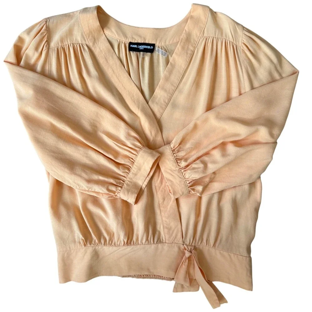 Karl Lagerfeld Paris Peach Wrap Blouse 3/4 Sleeve V-Neck Size M‎ Lyocell Blend